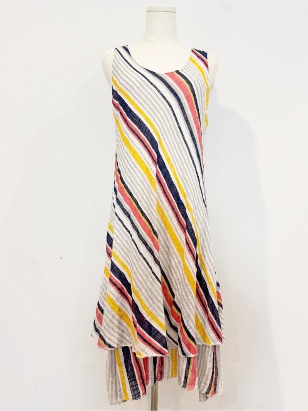 Belle France Dress Size L Striped Cotton Gauze Tiered Lined Midi Cottage Coastal